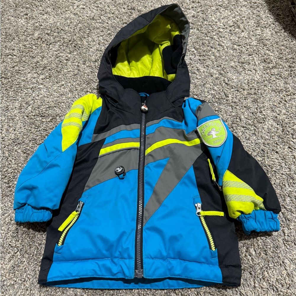 Obermeyer Blue and Gray Jacket with Neon Yellow Stripe